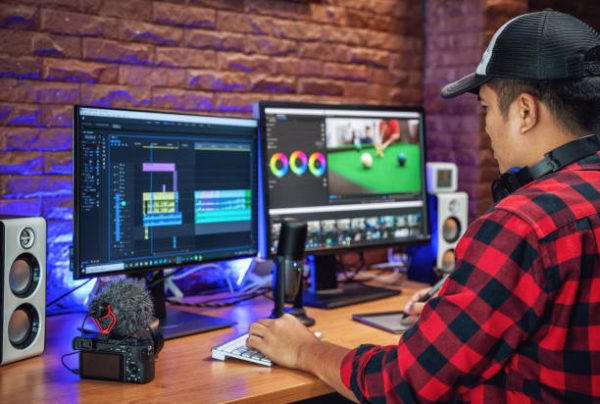 The man makes video editing. Video production. Color Correction. Sound editing. Film making. The work of a freelancer. Equipment filmmaking. Create videos. Program for video editing.